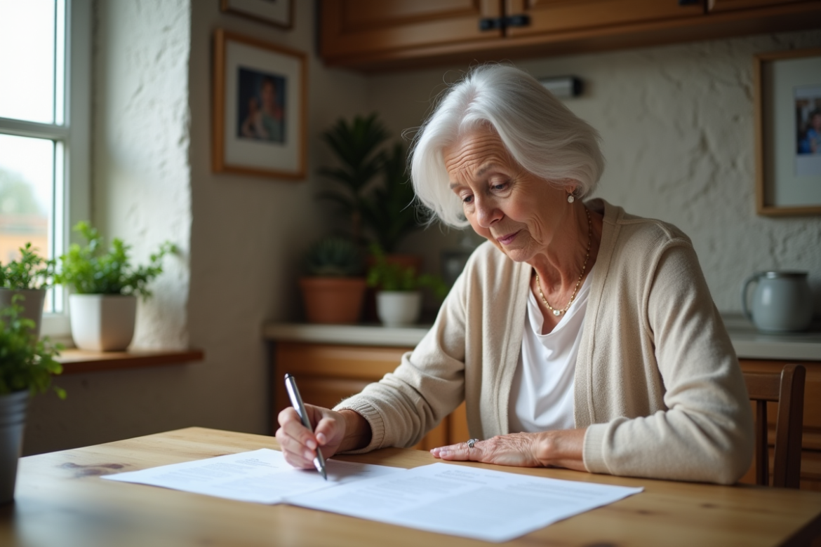 Femme âgée lisant des documents à la maison