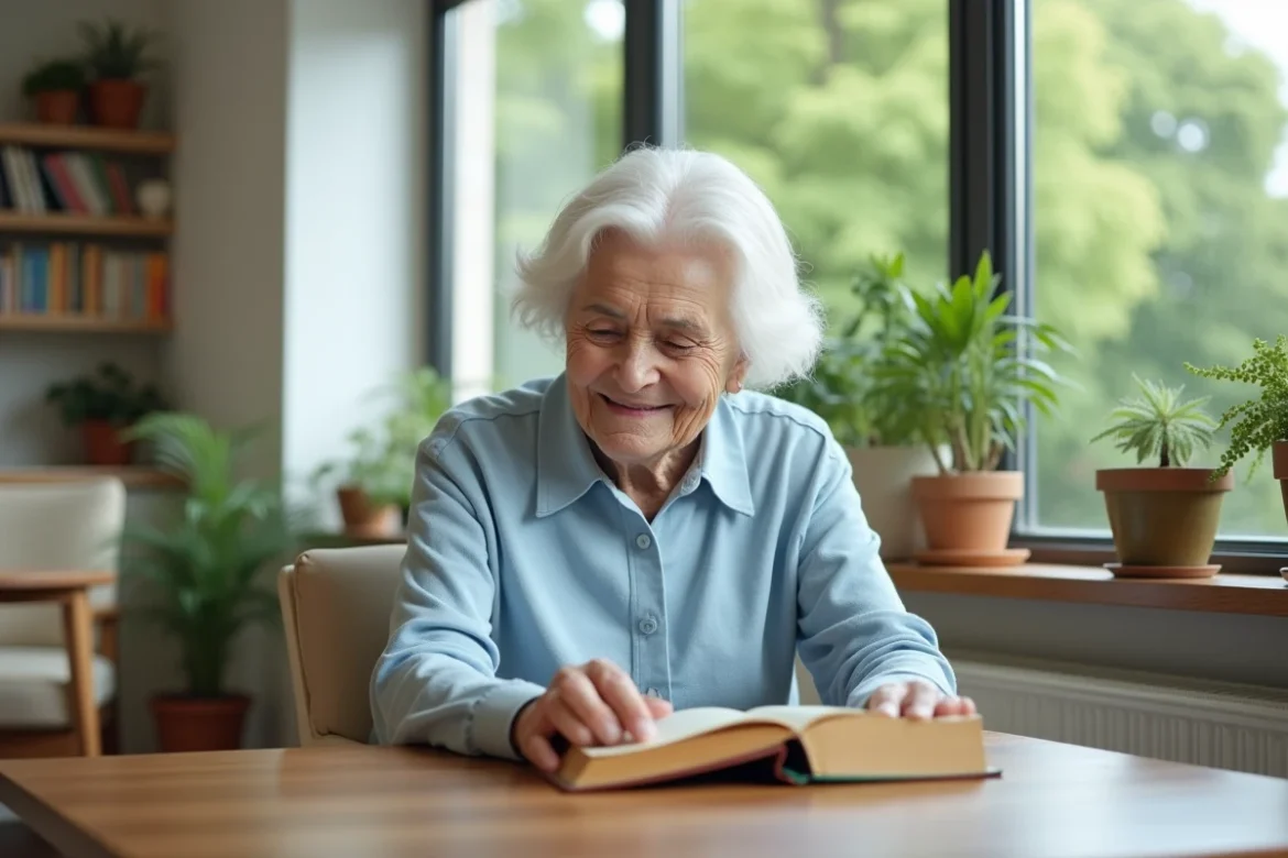 Femme âgée lisant un livre dans un salon lumineux