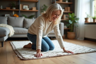 Femme posant un tapis antidérapant sous un tapis dans un salon moderne