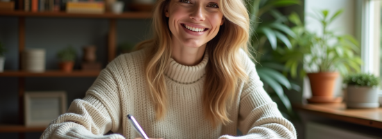 Femme souriante calculant un nombre en numerologie dans un bureau cosy