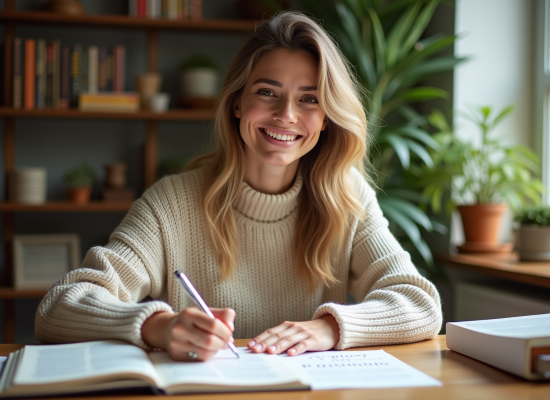 Femme souriante calculant un nombre en numerologie dans un bureau cosy