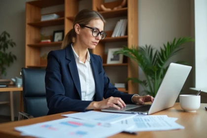 Femme consultant des documents fiscaux et un ordinateur portable dans un bureau à domicile, illustrant le crédit d'impôt pour aide à domicile