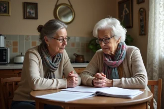 Femme âgée et sa fille discutent de papiers de retraite
