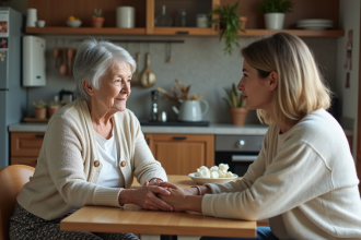 Femme âgée et fille discutent dans la cuisine chaleureuse