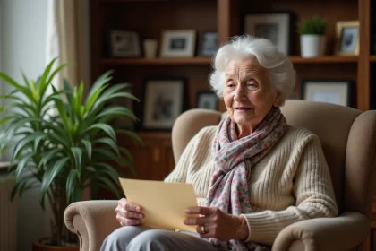 Femme âgée souriante tenant une lettre dans un salon chaleureux