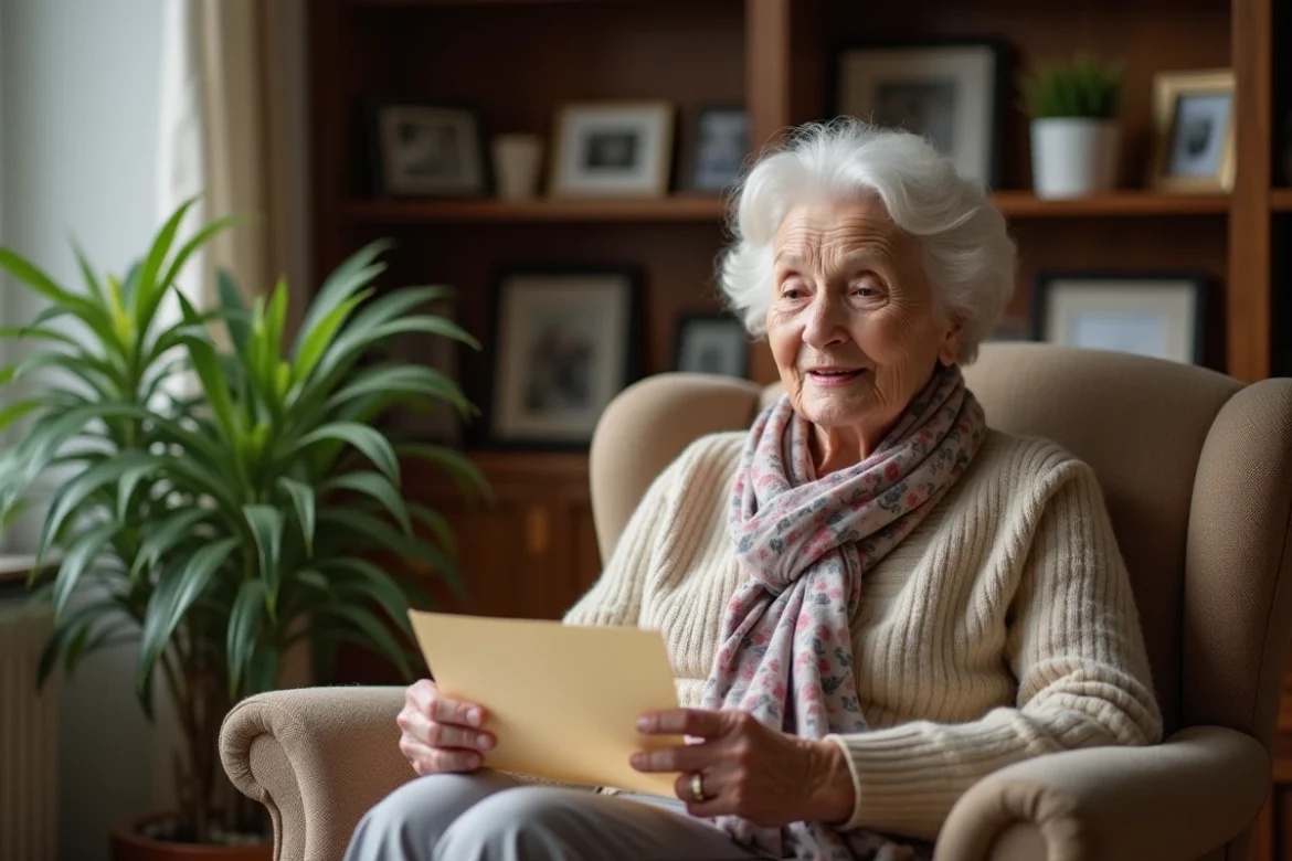 Femme âgée souriante tenant une lettre dans un salon chaleureux