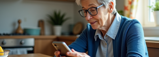 Femme âgée examinant un téléphone Doro dans la cuisine