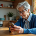 Femme âgée examinant un téléphone Doro dans la cuisine