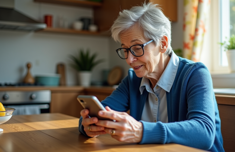 Femme âgée examinant un téléphone Doro dans la cuisine