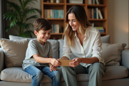 Femme donnant un petit envelope à un garçon souriant