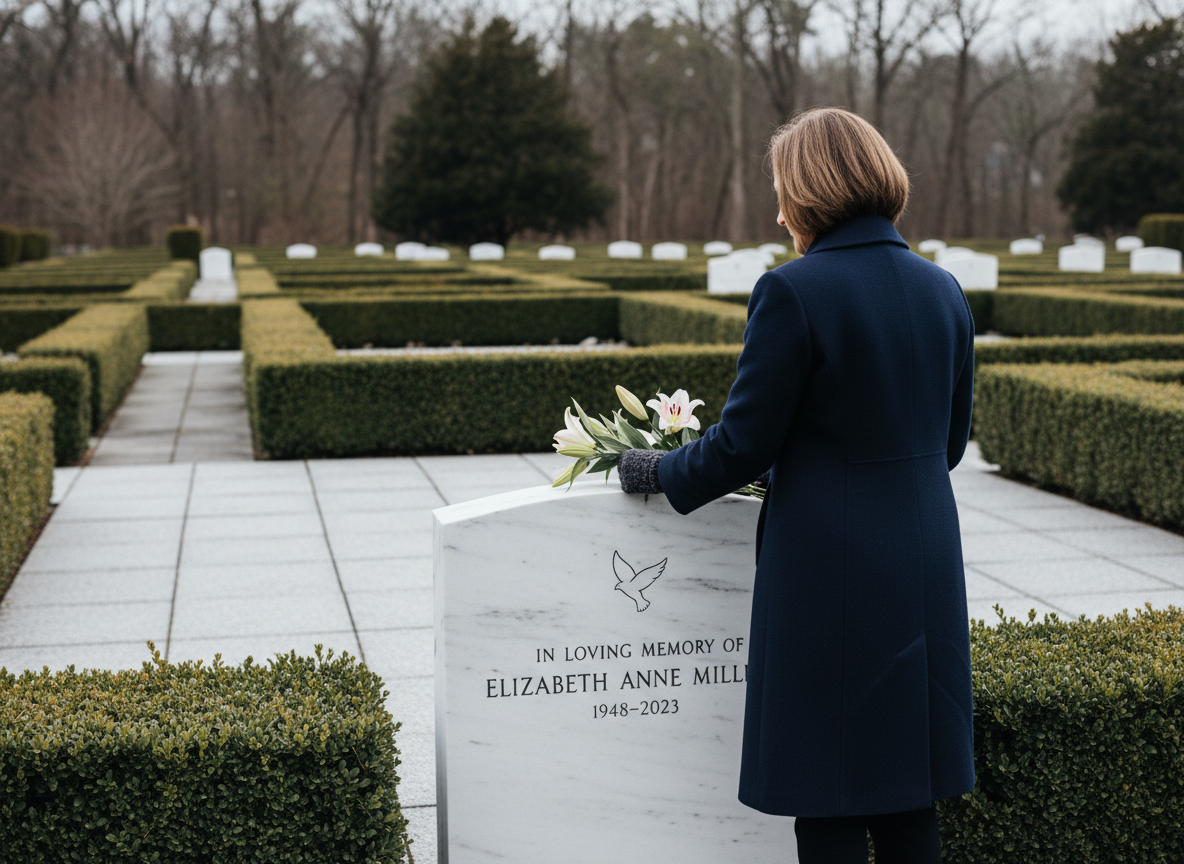 Femme ajustant un bouquet de lys sur une tombe moderne