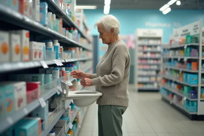 Femme âgée examine un siège de toilette aidé dans une pharmacie