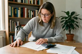 Femme en situation de handicap consultant des documents administratifs relatifs à l'AAH à son bureau à domicile