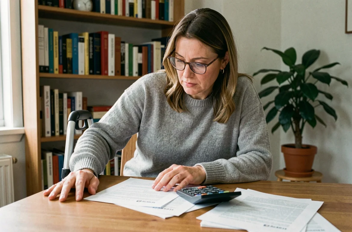 Femme en situation de handicap consultant des documents administratifs relatifs à l'AAH à son bureau à domicile