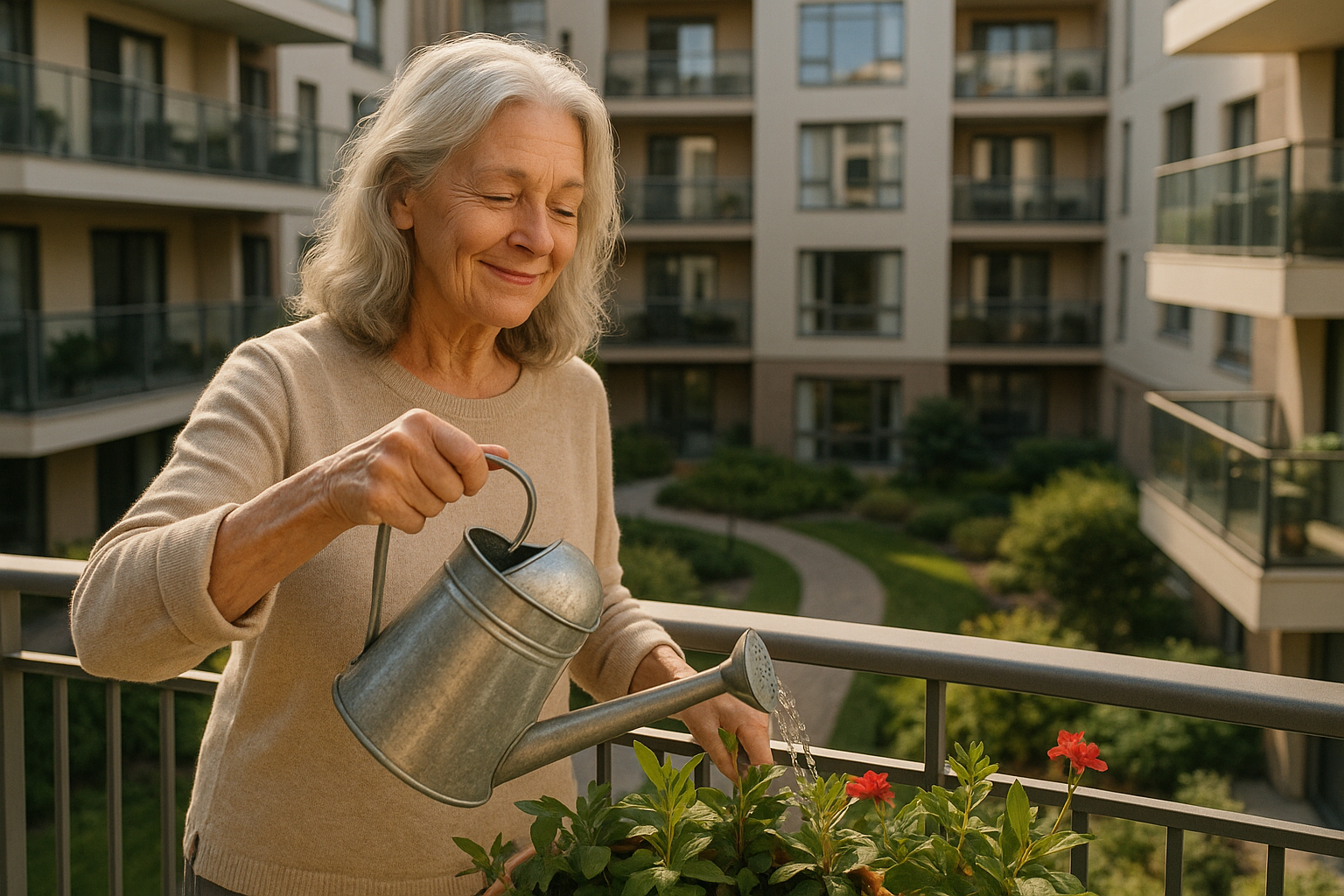 Femme âgée arrosant ses plantes sur un balcon ensoleille