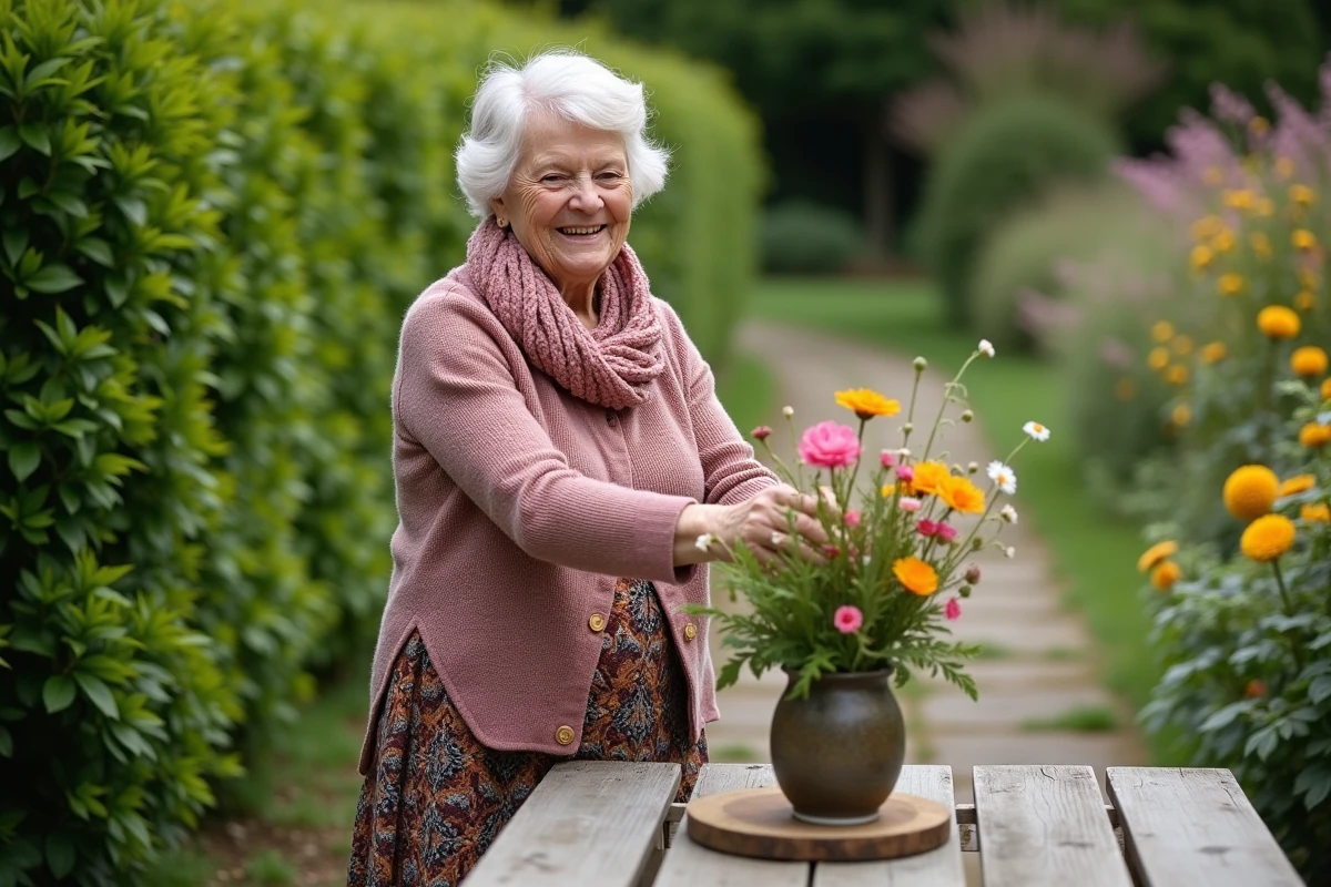 Femme âgée arrangeant des fleurs dans un jardin ensoleille