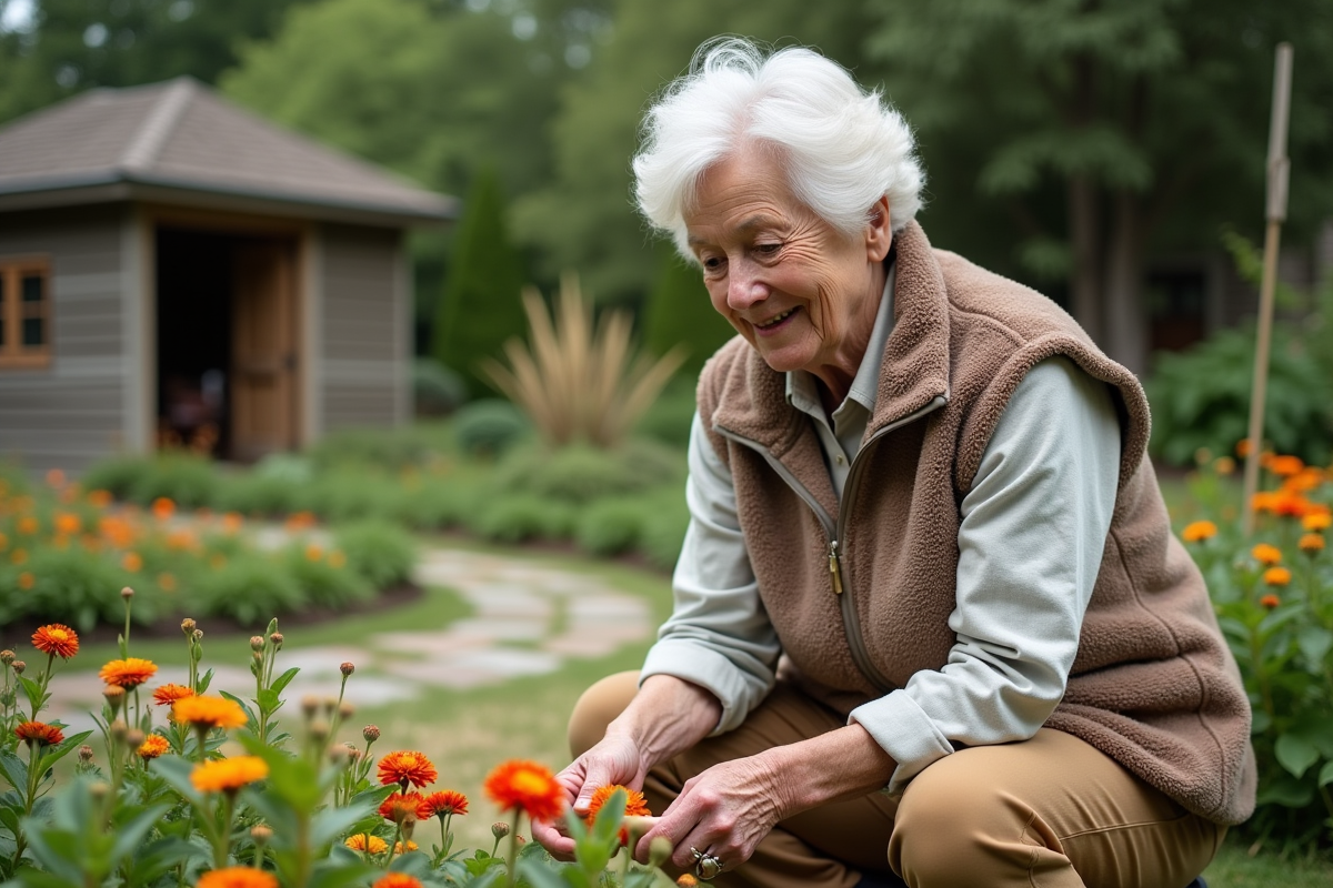 Femme retiree prenant soin de ses fleurs dans le jardin