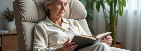 Femme d'âge moyen en détente dans un salon moderne