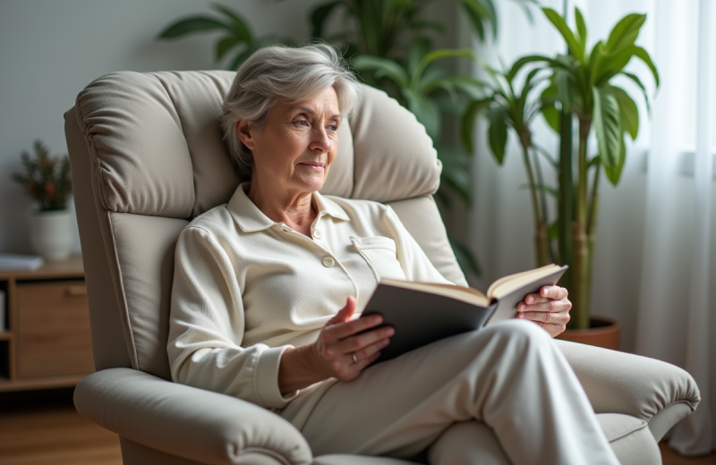 Femme d'âge moyen en détente dans un salon moderne