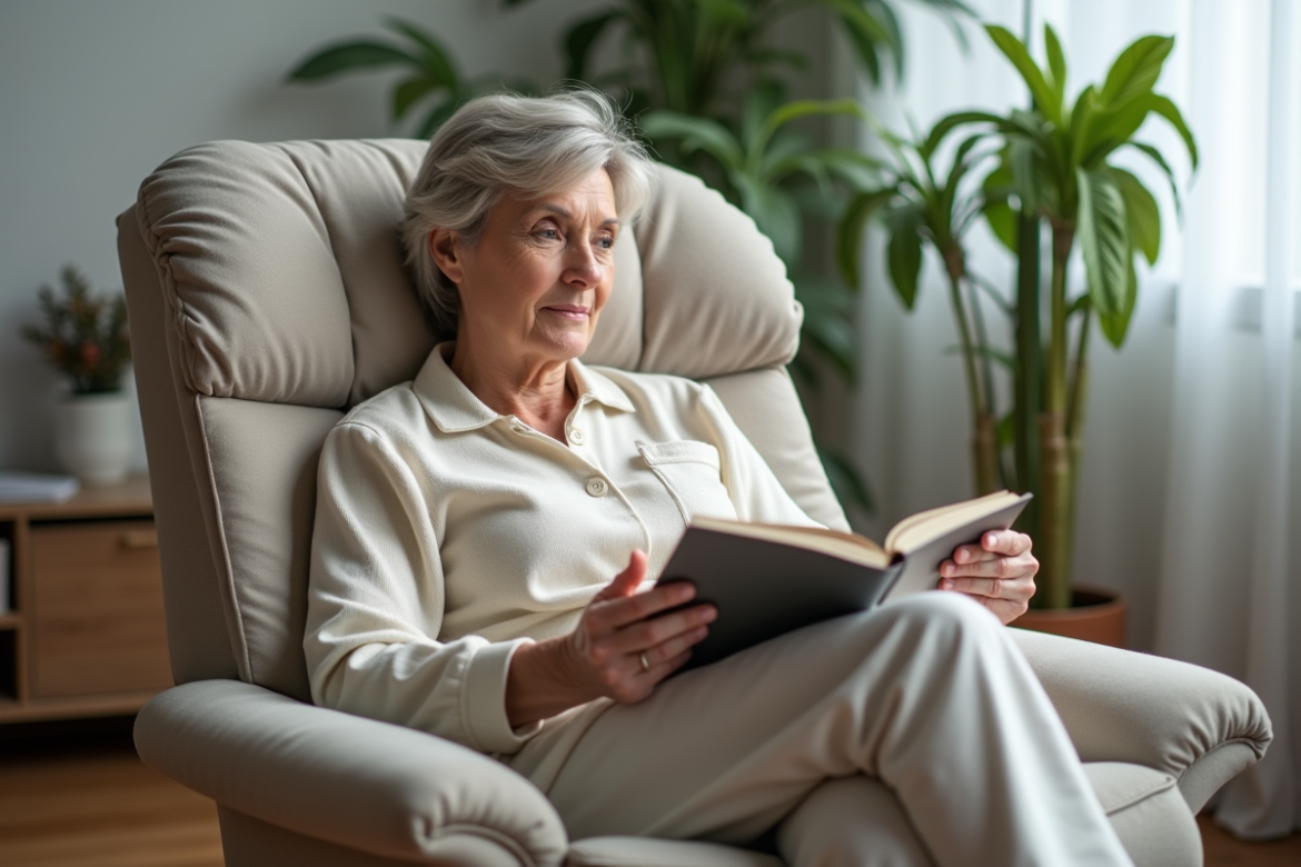 Femme d'âge moyen en détente dans un salon moderne