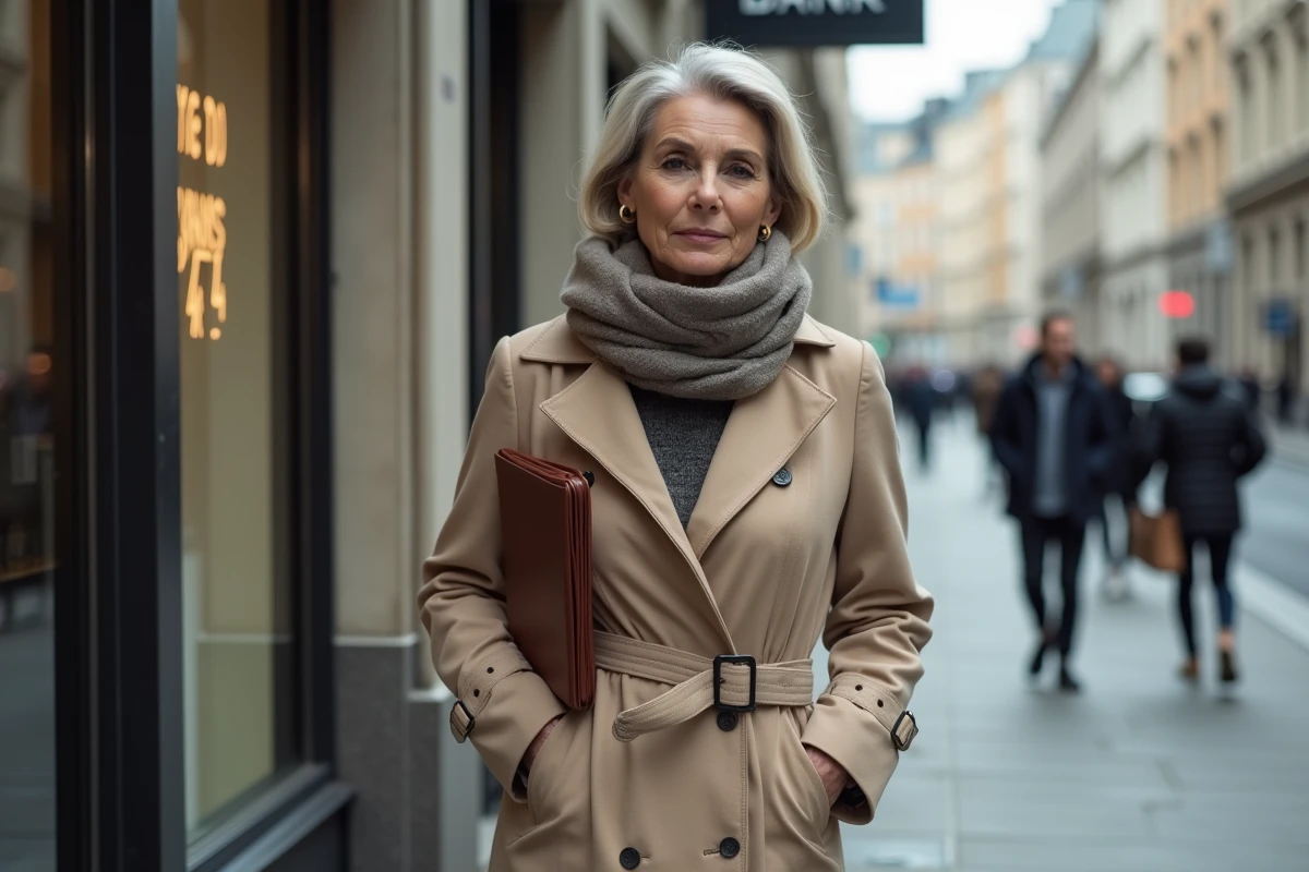 Femme en trench beige marche pensive devant une banque
