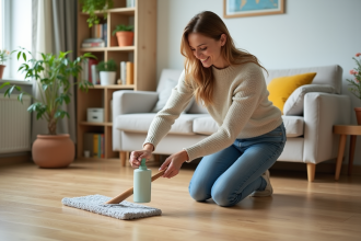 Femme appliquant une solution antislip sur un parquet