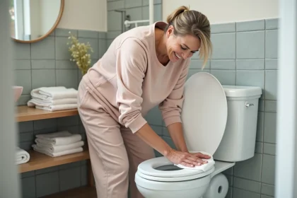 Femme d'âge moyen nettoyant un siège de toilette blanc