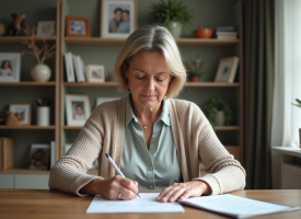 Femme d'âge moyen remplissant des papiers à la maison