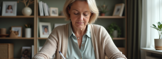 Femme d'âge moyen remplissant des papiers à la maison