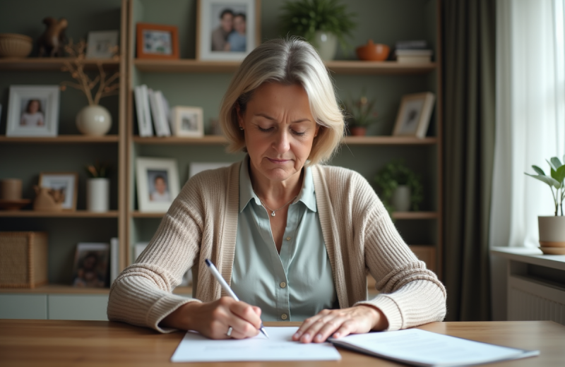 Femme d'âge moyen remplissant des papiers à la maison