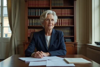 Femme politique senior consultant des documents officiels dans un bureau administratif français formel