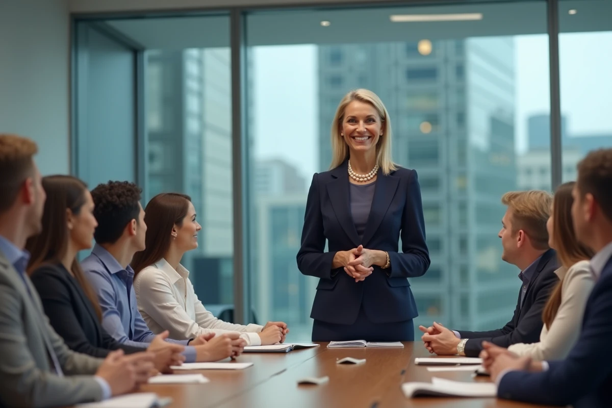 Femme en réunion avec jeunes professionnels dans une salle moderne
