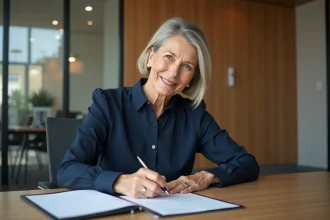 Femme signant une lettre de retraite dans un bureau moderne