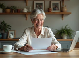 Femme souriante en cuisine avec papier et café