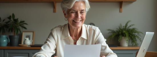 Femme souriante en cuisine avec papier et café