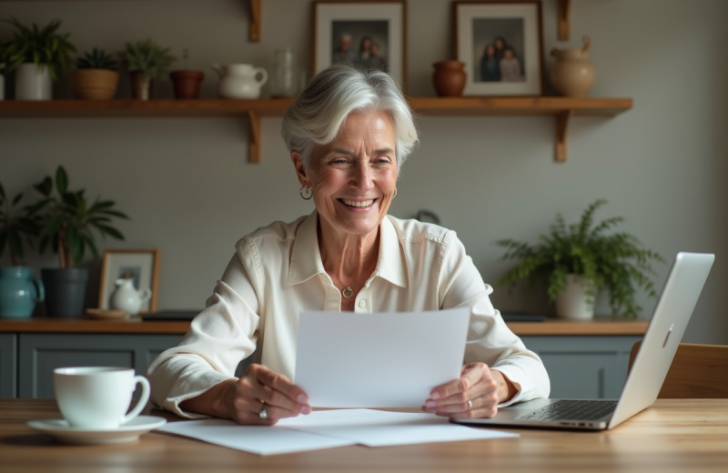 Femme souriante en cuisine avec papier et café