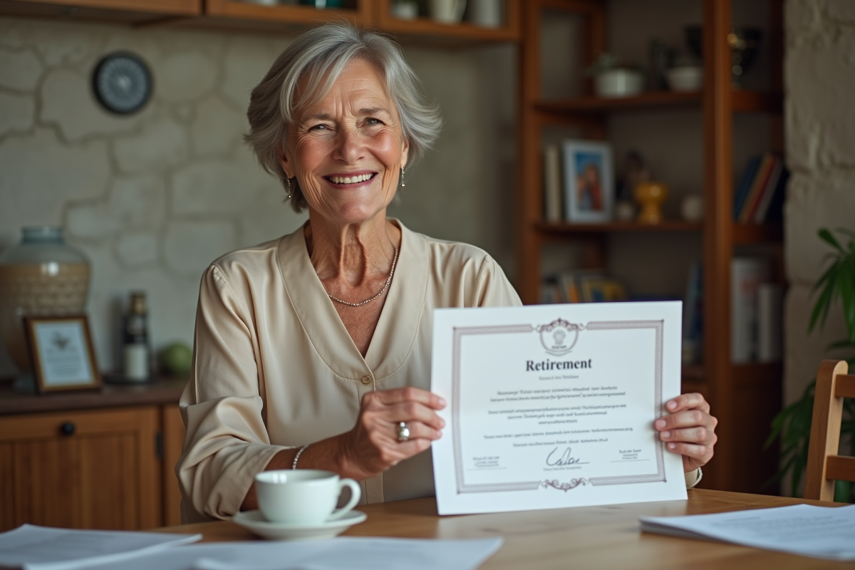Femme mature tenant un certificat de retraite chez elle