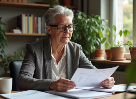 Femme d'environ 60 ans examine des documents de pension dans un bureau