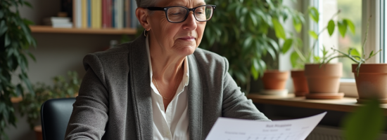 Femme d'environ 60 ans examine des documents de pension dans un bureau