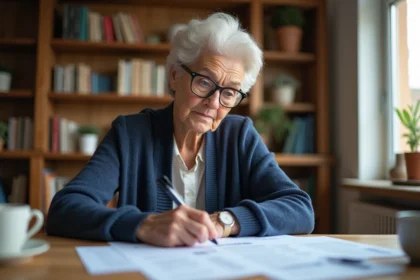 Femme retraitée examinant son dossier de retraite à la table de sa cuisine avant la revalorisation 2026
