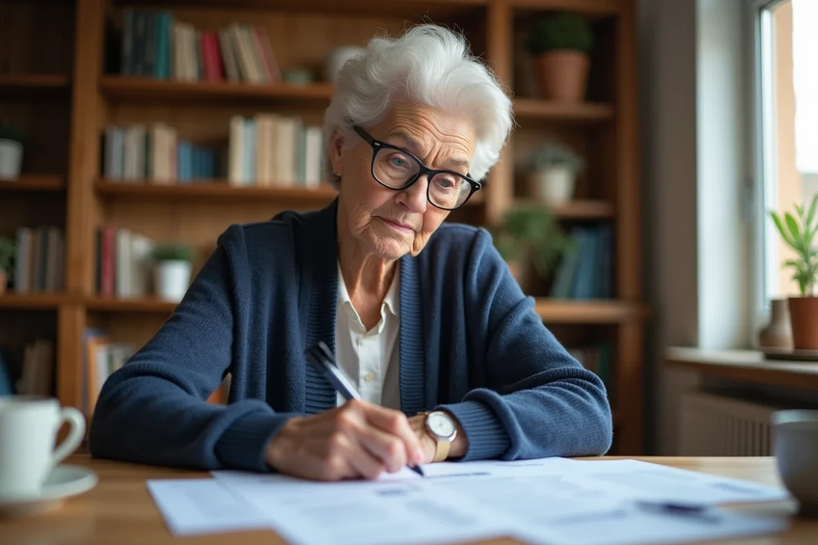 Femme retraitée examinant son dossier de retraite à la table de sa cuisine avant la revalorisation 2026