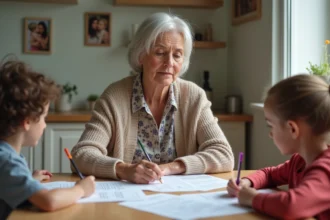 Femme âgée examinant des papiers de retraite en famille