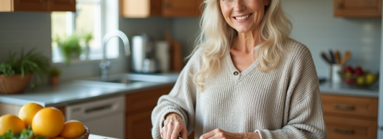 Femme souriante préparant une salade avec avocat dans une cuisine chaleureuse