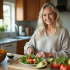 Femme souriante préparant une salade avec avocat dans une cuisine chaleureuse