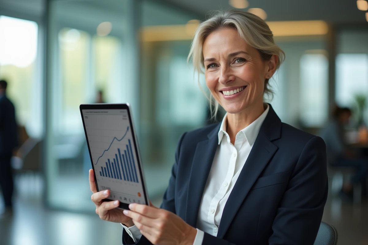 Femme professionnelle souriante tenant une tablette avec graphique de retraite