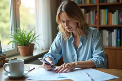 Femme consultant l'application Scolinfo sur smartphone pour gérer les chèques vacances ANCV à domicile