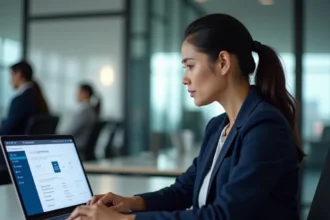Femme professionnelle sécurisant ses comptes de gestion sur Proxima fr dans un bureau moderne