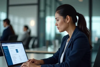 Femme professionnelle sécurisant ses comptes de gestion sur Proxima fr dans un bureau moderne