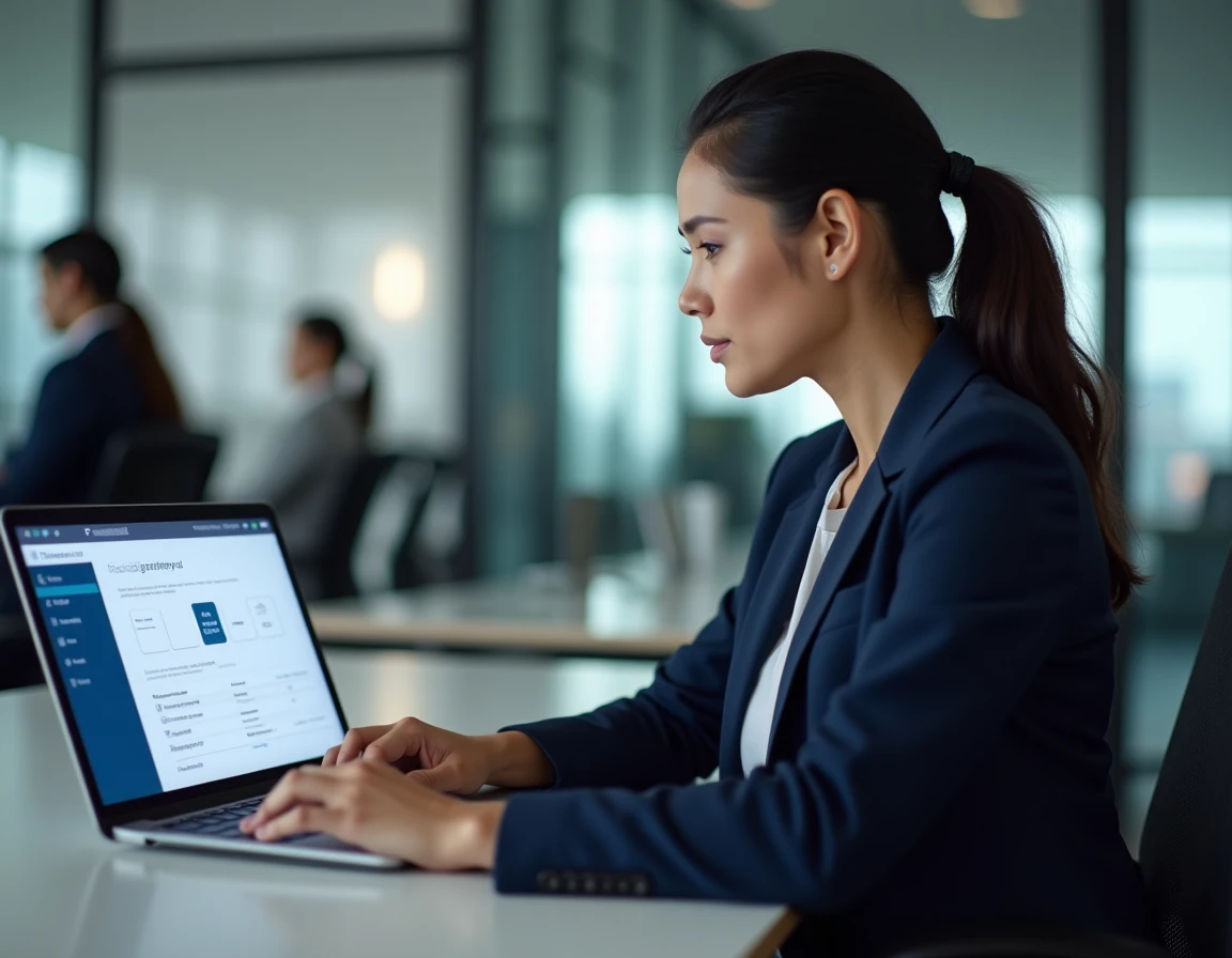Femme professionnelle sécurisant ses comptes de gestion sur Proxima fr dans un bureau moderne