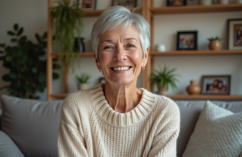 Femme senior souriante avec coupe pixie élégante